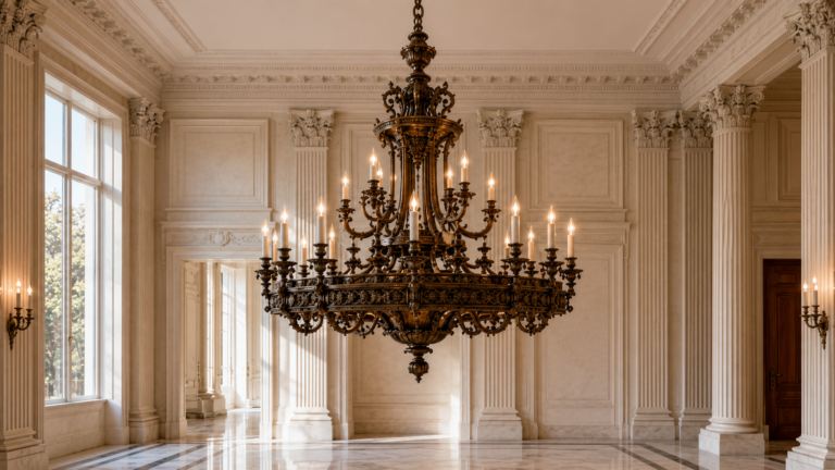 Edward F. Caldwell & Co. decorative bronze chandelier suspended within a grand Beaux-Arts mansion featuring classical architecture and richly detailed bronze craftsmanship.