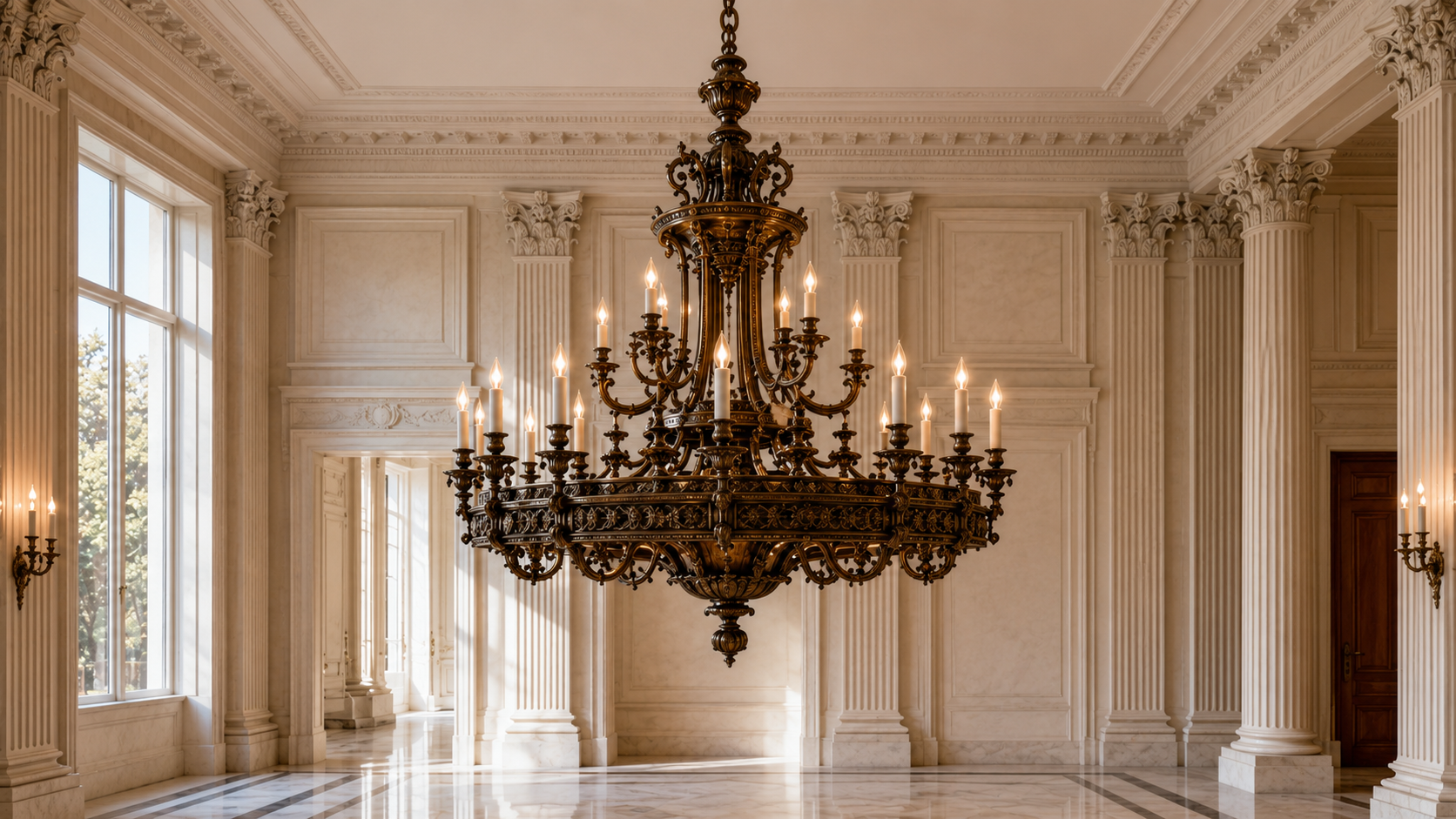 Edward F. Caldwell & Co. decorative bronze chandelier suspended within a grand Beaux-Arts mansion featuring classical architecture and richly detailed bronze craftsmanship.
