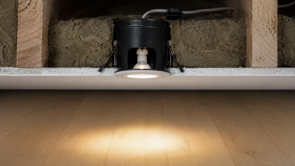 Cutaway showing a fire-rated GU10 downlight installed between timber joists in an insulated plasterboard ceiling.