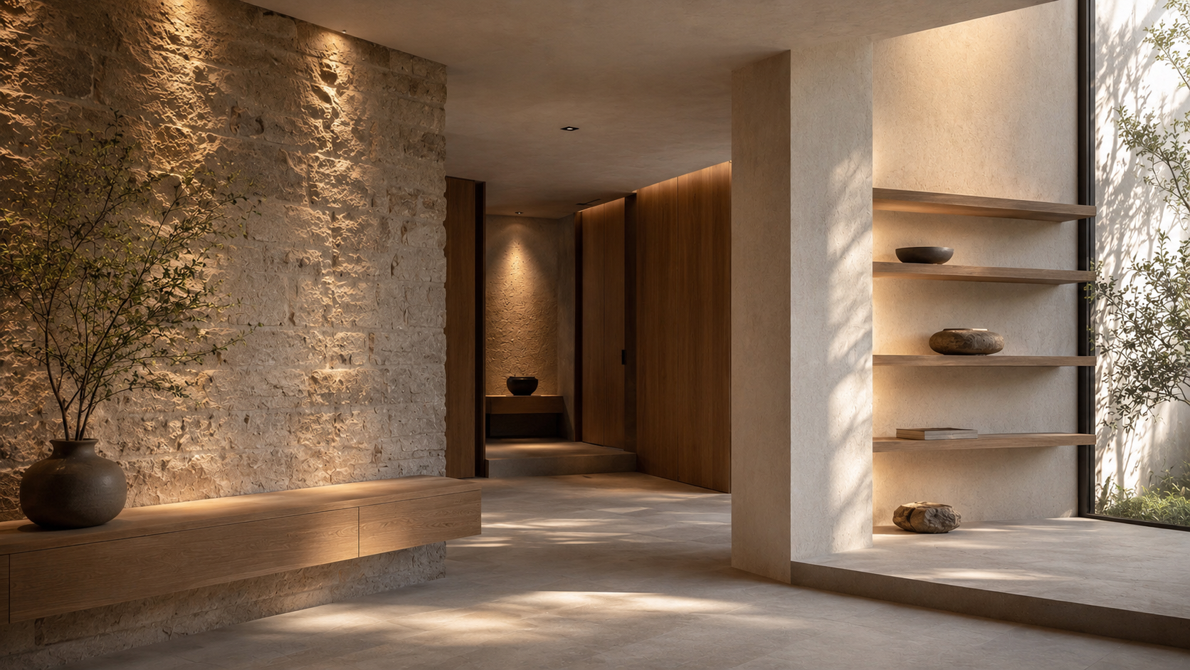 Contemporary architectural interior with natural daylight, concealed lighting, textured stone wall and floating timber shelving showing how carefully controlled shadows improve interior design.