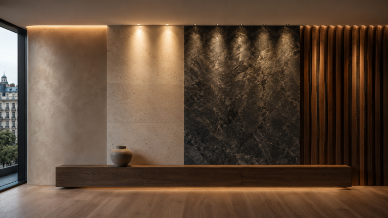 Architectural lighting demonstrating texture and depth using Venetian plaster, limestone, charcoal granite and walnut timber slats illuminated with cove lighting, wall washing and wall grazing.