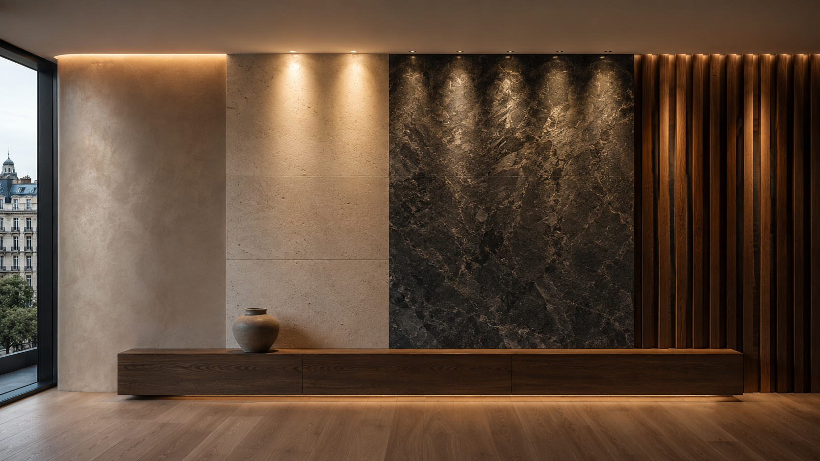 Architectural lighting demonstrating texture and depth using Venetian plaster, limestone, charcoal granite and walnut timber slats illuminated with cove lighting, wall washing and wall grazing.