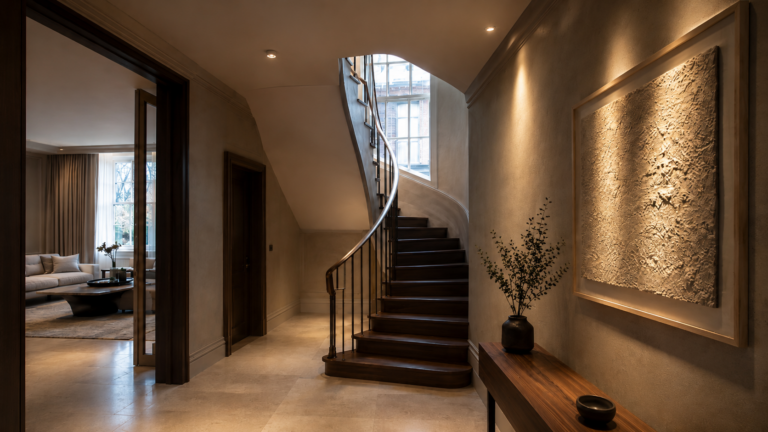 Contemporary residential stair hall using recessed downlights to illuminate textured artwork while providing comfortable architectural lighting.