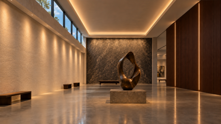 Contemporary art gallery demonstrating how cove lighting, wall washing, feature lighting and illuminated timber slats change the perception of interior space.