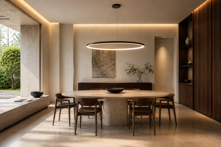 Contemporary Italian dining room featuring an Artemide Discovery pendant above a natural stone dining table with layered architectural lighting and warm minimalist interiors.