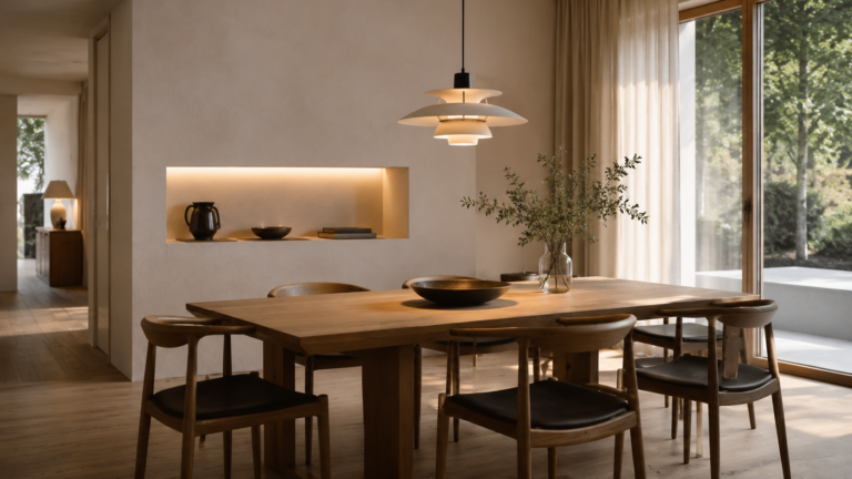 Scandinavian dining room inspired by Louis Poulsen with a multi-shade pendant providing glare-free illumination above an oak dining table.