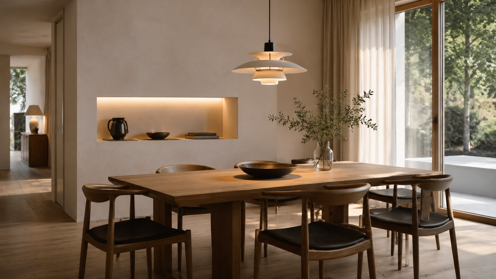 Scandinavian dining room inspired by Louis Poulsen with a multi-shade pendant providing glare-free illumination above an oak dining table.