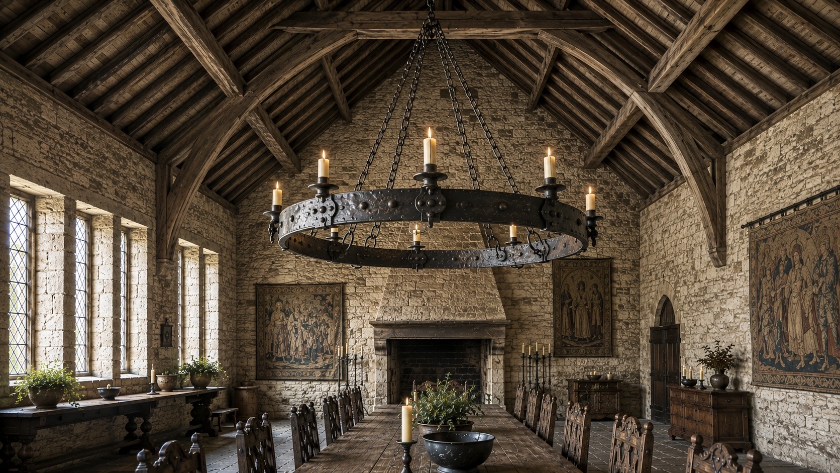 Hand-forged wrought iron ring chandelier suspended beneath a vaulted oak roof in a medieval stone great hall, illuminated primarily by natural daylight with traditional candle lighting.
