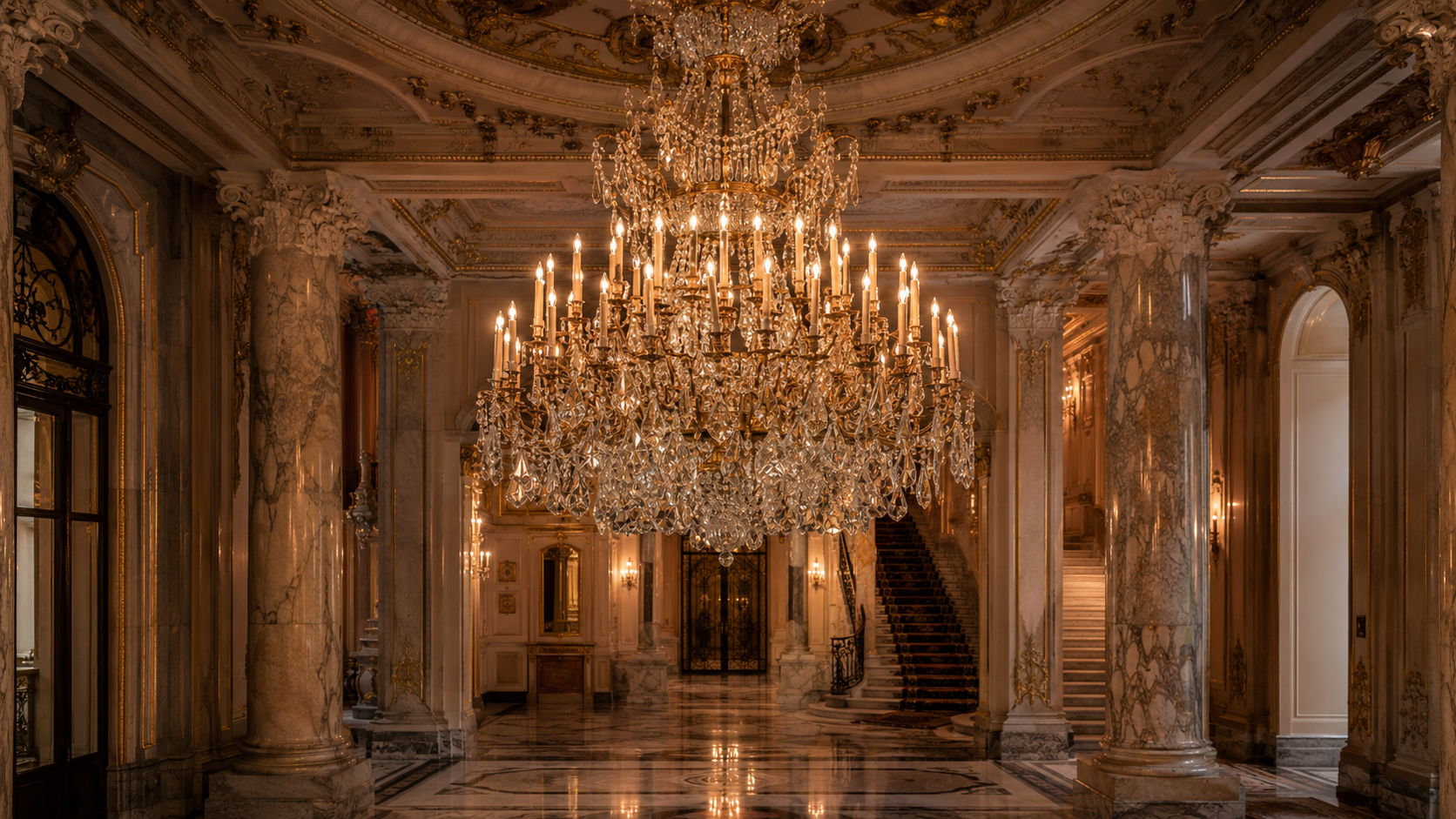 Antique F. & C. Osler crystal chandelier suspended within an ornate Victorian palace featuring marble columns and decorative ceilings.