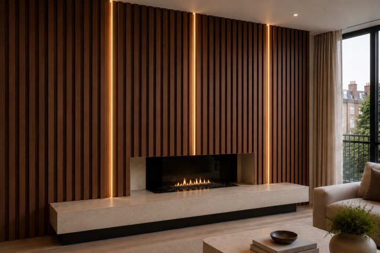 Contemporary living room featuring an illuminated oak slatted feature wall with integrated architectural lighting and a floating limestone fireplace.