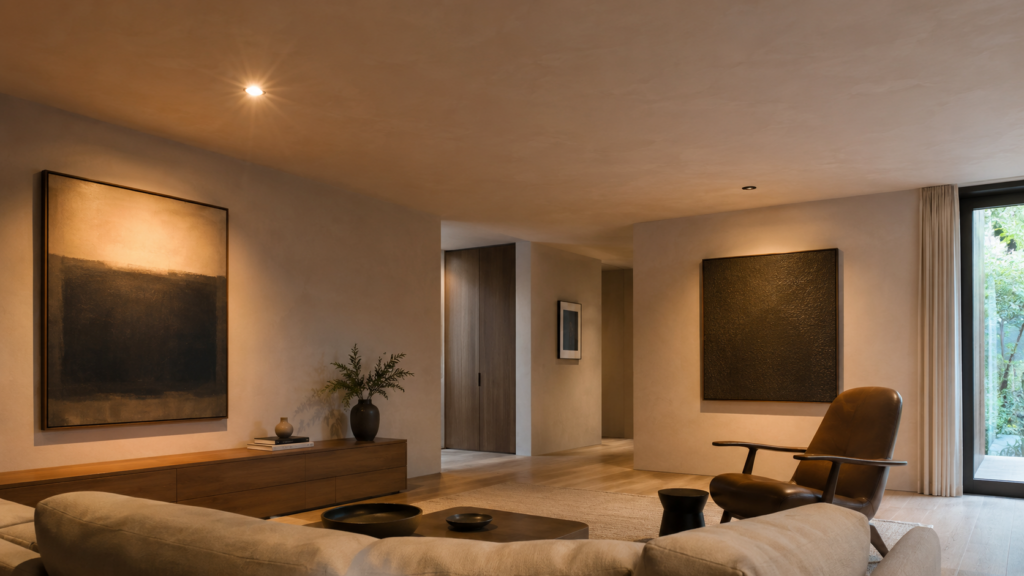 Living room viewed from sofa height comparing a bright shallow downlight with a deep-recessed low-glare fitting.