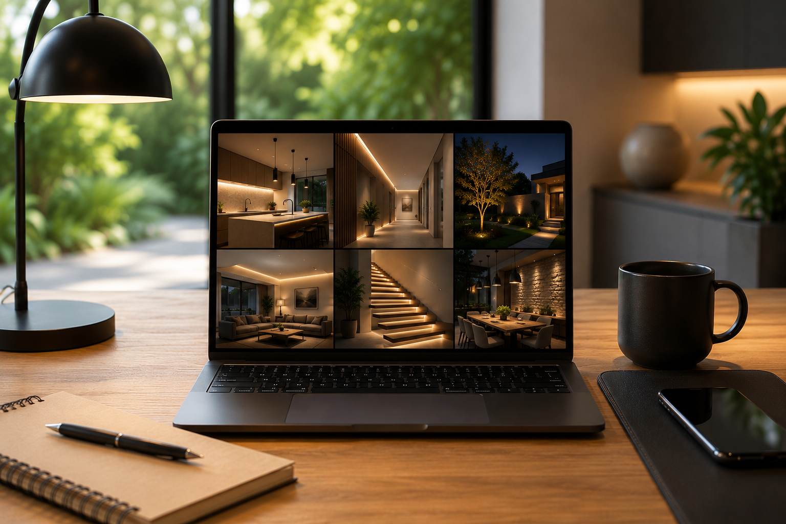 Modern workspace with a laptop displaying a portfolio of lighting projects, representing sharing lighting inspiration on Light Ideas.