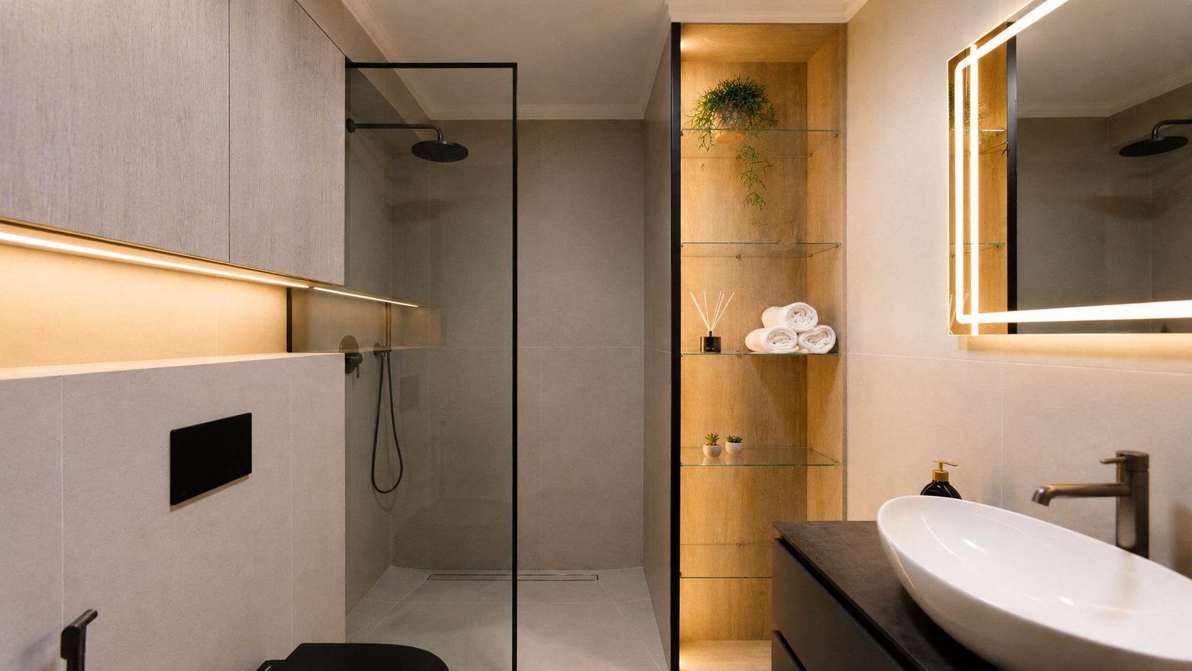 Contemporary bathroom with warm concealed lighting illuminating recessed wall niches and shelving