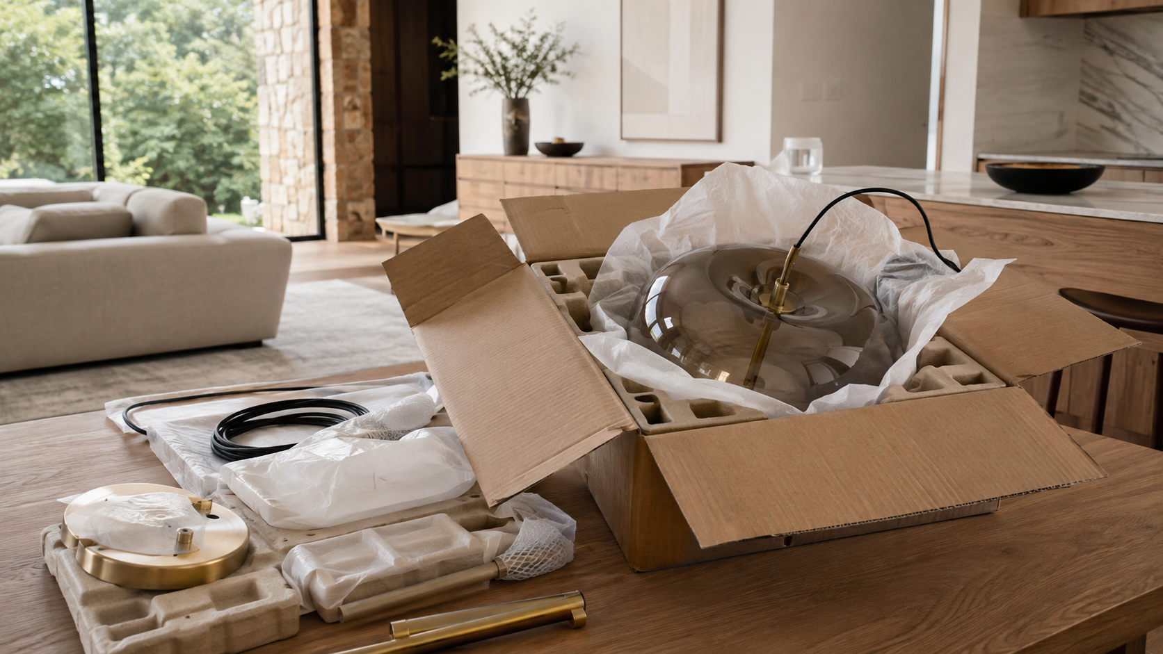 Pendant light and components unpacked from protective packaging in a contemporary interior