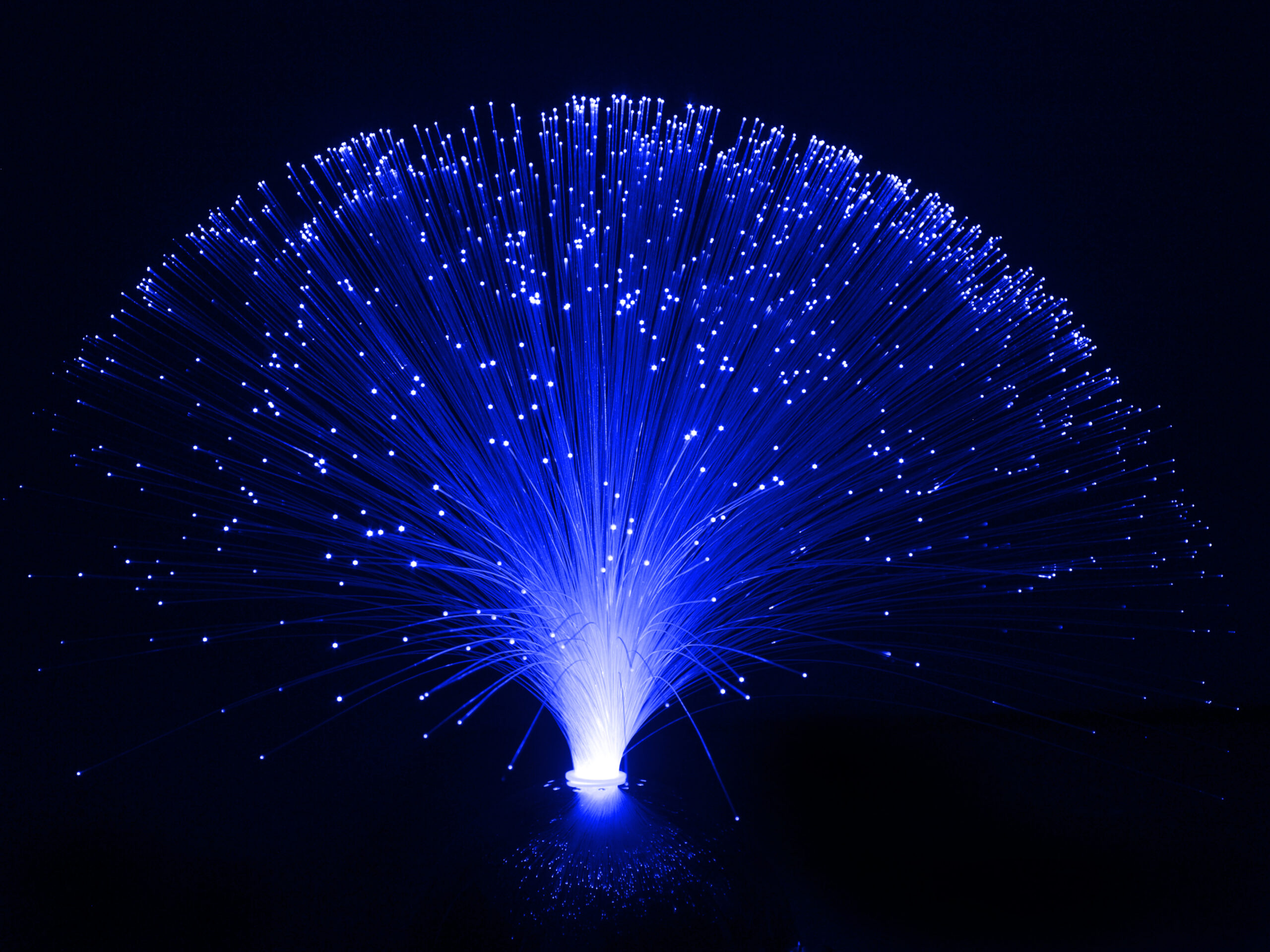 Blue fibre optic table lamp with hundreds of illuminated strands glowing against a dark background