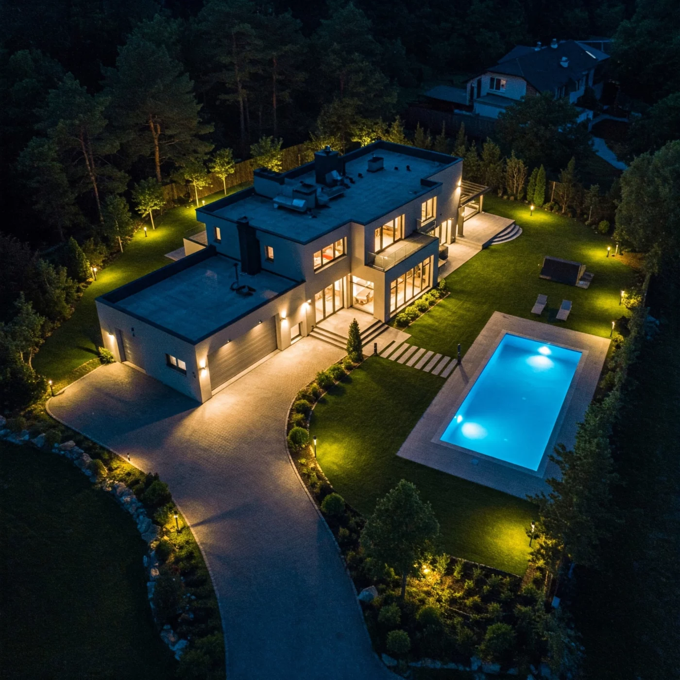 Sleek villa with garden & swimming pool lighting