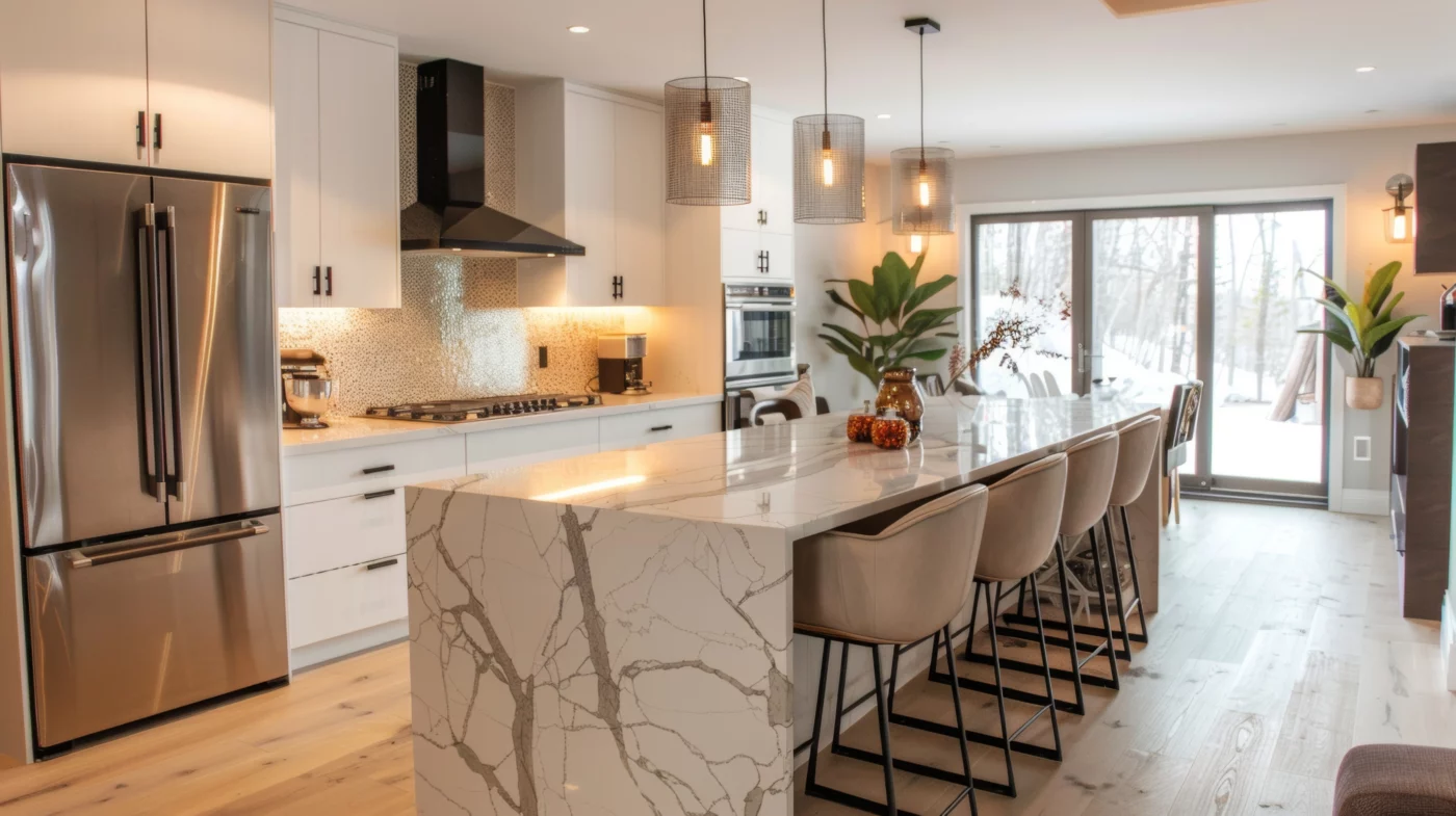 Contemporary kitchen with pendant and under-cabinet lighting