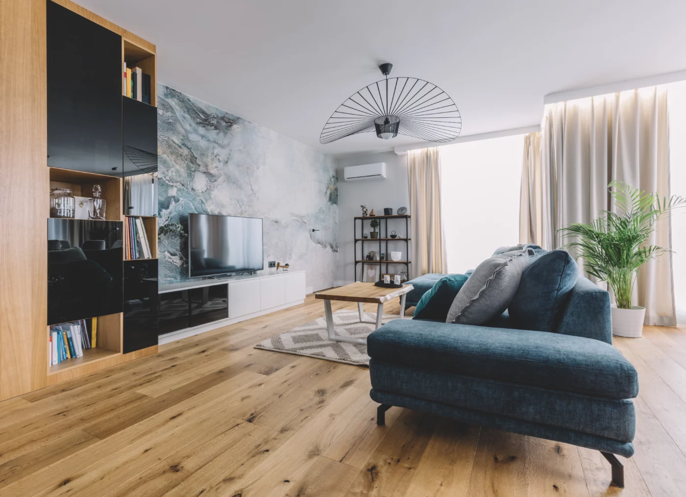 Contemporary wood floor living room