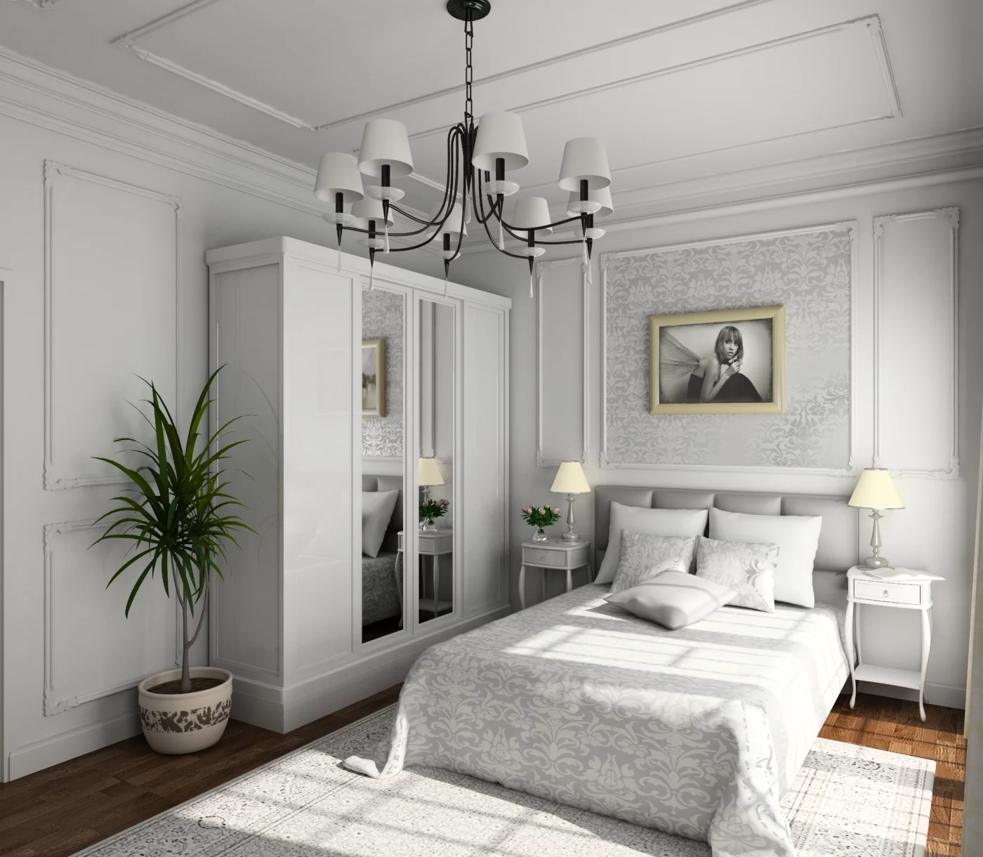 White bedroom black wrought iron chandelier