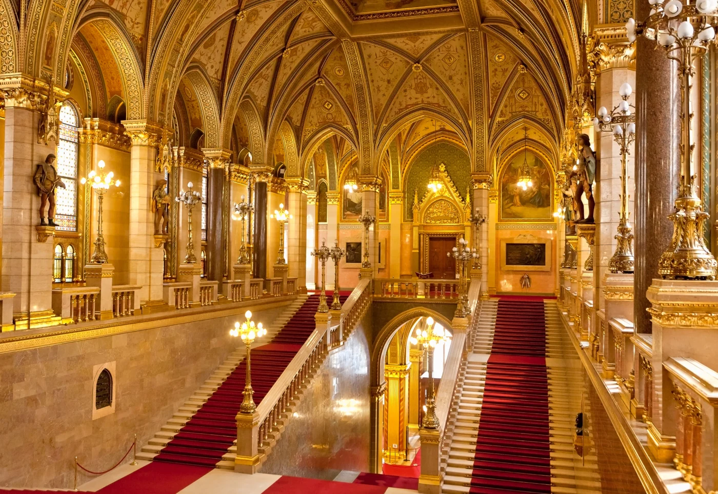 Grand staircase hall at Hungarian Parliament Building, Budapest