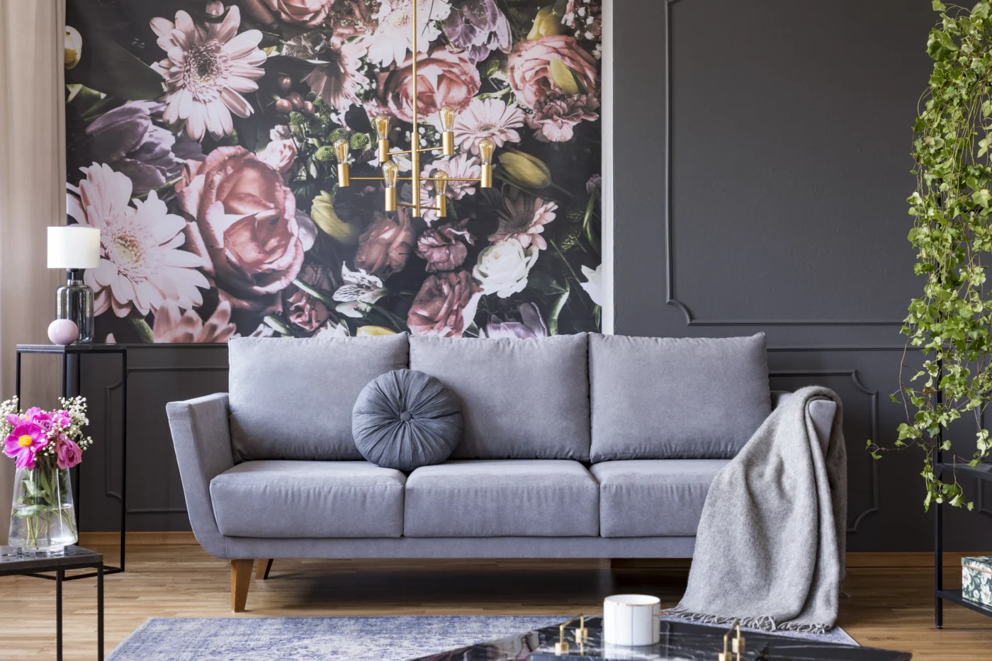 Contemporary living room with statement chandelier