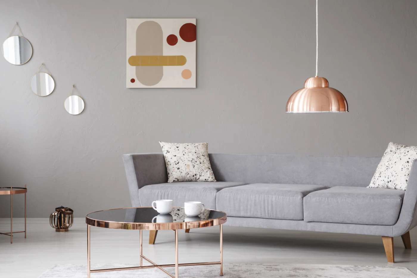 Modern living room with copper pendant lighting