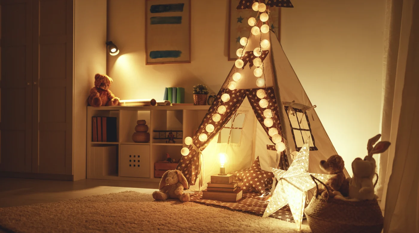 Cosy children’s room with fairy lighting