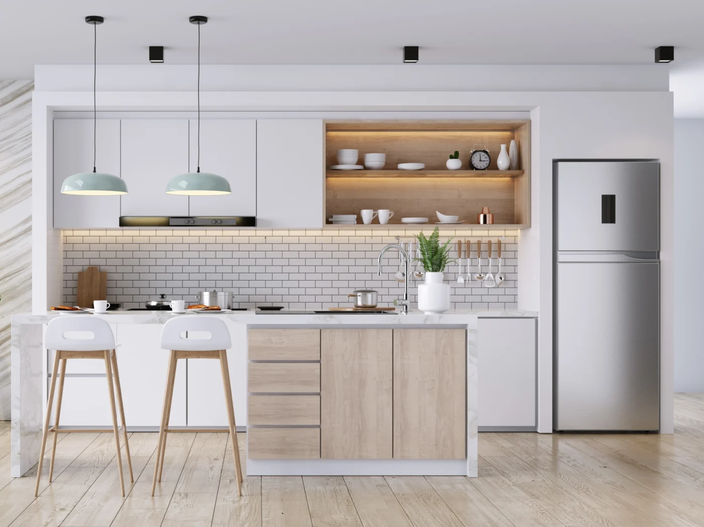 Modern kitchen with pendant and under cabinet lighting
