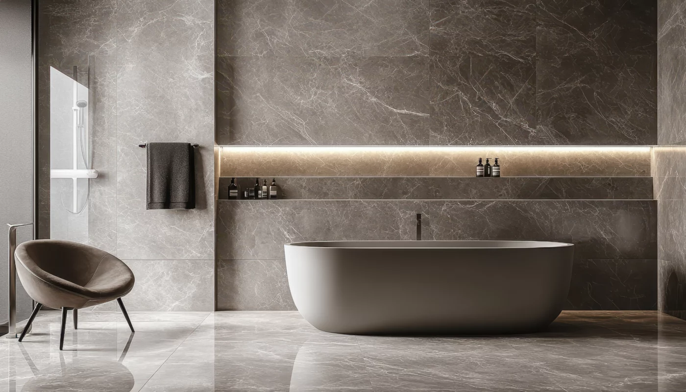 Modern marble bathroom with LED strip lighting