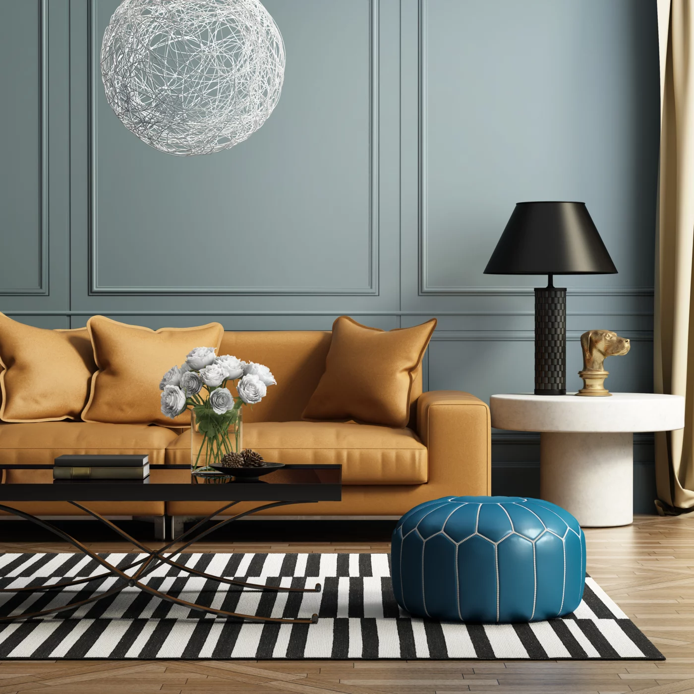 Mustard sofa, black lamp & wire pendant