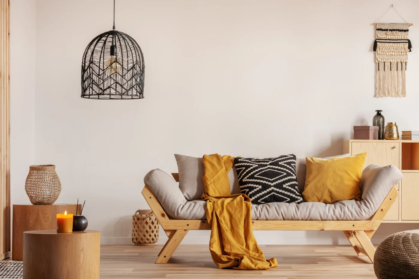 Boho living room with woven pendant light